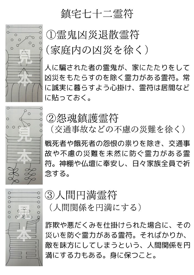 ① 霊鬼凶災退散霊符 説明文: 人に騙された者の霊鬼が、家にあたりをして凶災をもたらすのを除く霊力がある霊符。常に誠実に暮らすよう心掛け、霊符は居間などに貼っておく。② 怨魂鎮護霊符 説明文: 戦死者や餓死者の怨恨の祟りを除き、交通事故や不慮の災難を未然に防ぐ霊力がある霊符。神棚や仏壇に奉安し、日々家族全員で祈念する。③ 人間円満霊符 説明文: 詐欺や悪だくみを仕掛けられた場合に、その災いを防ぐ霊力がある霊符。そればかりか、敵を味方にしてしまうという、人間関係を円満にする力もある。身に保つこと。
